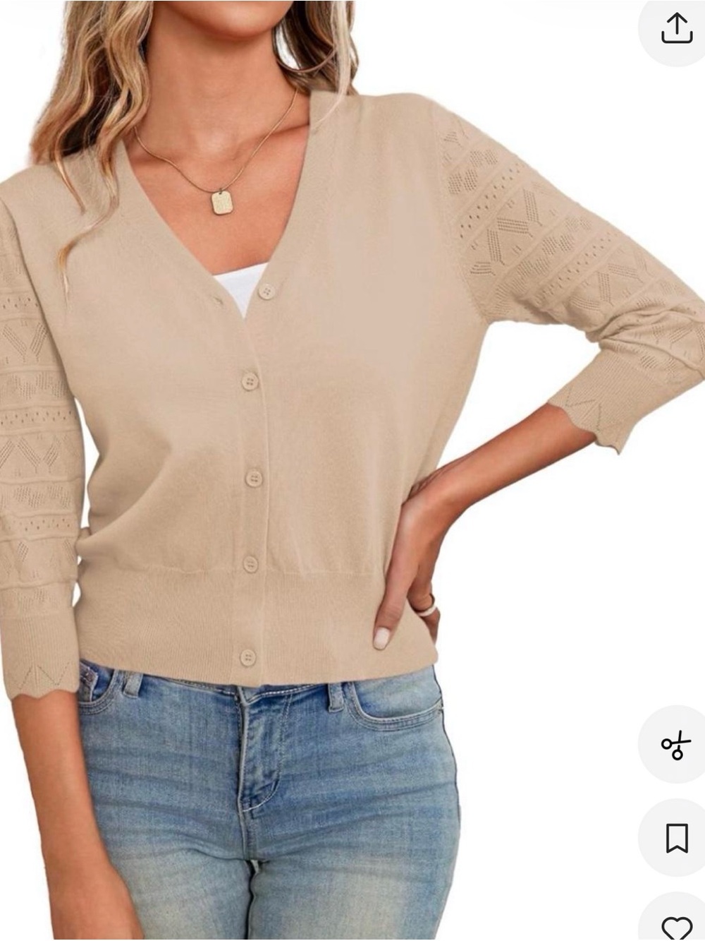 Amazon Beige Button-Front V-Neck Knit Cardigan with Eyelet Sleeves